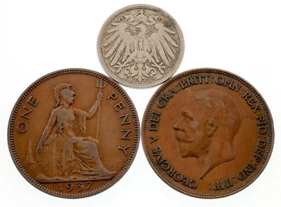 Lot of 3 Coins Germany 1900 10 Pfennig and Great Britain 1 Penny (2 Coins) XF - Image 1 of 3