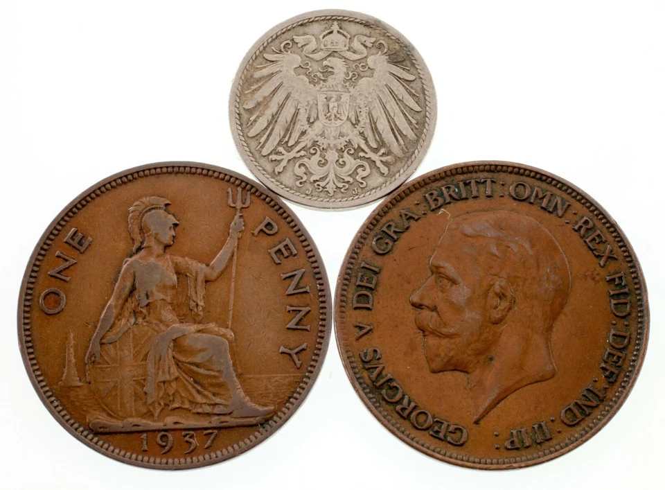 Lot of 3 Coins Germany 1900 10 Pfennig and Great Britain 1 Penny (2 Coins) XF - Image 1 of 3