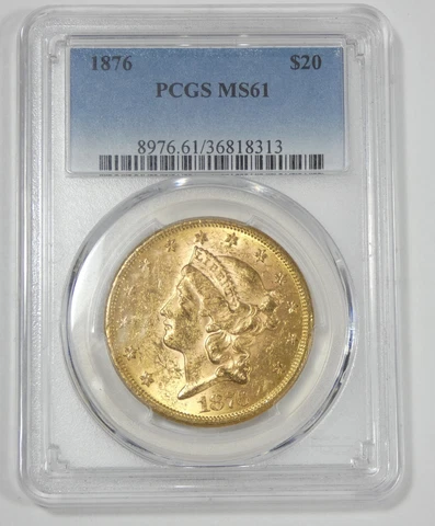 1876 GOLD Liberty Head $20 Double Eagle CERTIFIED PCGS MS 61 Cover