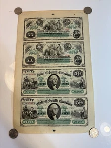 1872 State of South Carolina Uncut Sheet $20-$20-$50-$50 "Revenue Bond Scrip" - Picture 1 of 17