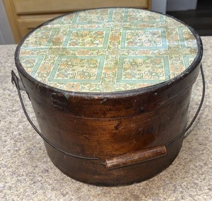 Antique Wooden Oak Top ? Pantry Hat Box With Cover & Bail Handle Family Heirloom - Picture 1 of 12