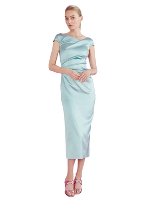 Vestido Talbot Runhof Seda Satinado Acanalado Azul Aqua Talla 2 Largo Noche Formal Foto 1 de 4