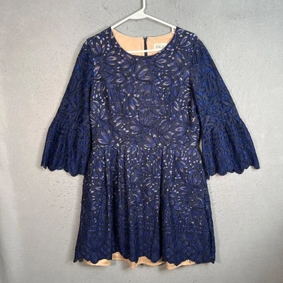 Eliza J Womens 12 Stunning Blue Lace Bell Sleeve Cocktail Dress Floral Overlay - Image 1 of 4