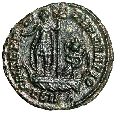 Constans I AE18 "Emperador en barco, victoria" Siscia extremadamente fina Foto 1 de 4