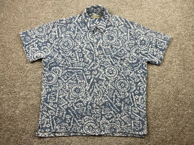 VTG LL Bean Shirt Men's Large Blue Terry Cloth Button Up Thick Woven Tribal 80s - Image 1 of 4