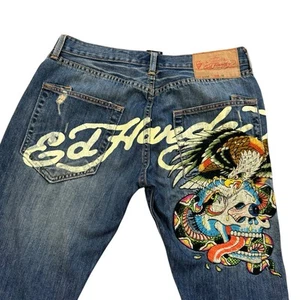 Pantalones de mezclilla Ed Hardy vintage Y2K para hombre bordados calavera águila serpiente W32 L34 - Imagen 1 de 15
