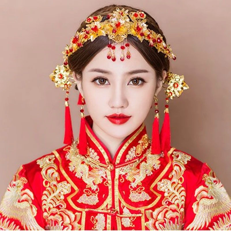 Traje Tocado Chino Boda Novia Disfraz Antiguo Cabello Borla Roja Horquilla Foto 1 de 4