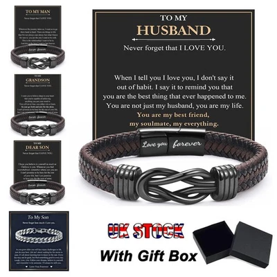 Personalised Love You Leather Bracelet Gifts for Him Men Husband Son Grandson UK