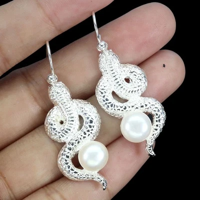 925 Sterling Silver Earrings Round White Pearl 8mm Natural Cobra Jewelry - Image 1 of 4