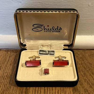 Shields Fifth Avenue Imported Red Stone Cufflinks + Tie Pin Set, Vintage, CIB - Image 1 of 3