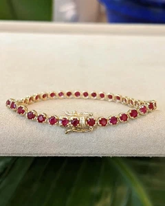5.58 Ct Round Cut Natural Red Ruby Link Tennis Bracelet 14K Solid Yellow Gold - Picture 1 of 7