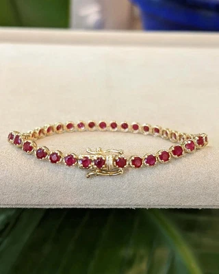 Brazalete Tenis Eslabones Rubí Rojo Natural Corte Redondo 5,58 Ct Oro Amarillo Sólido 14K Foto 1 de 4