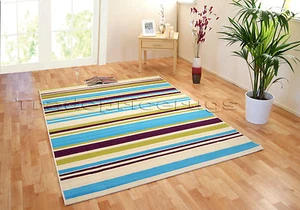 EXTRA LARGE CREAM BRIGHT BLUE AUBERGINE LIME GREEN STRIPED FUNKY RUG 160x225cm - Picture 1 of 2