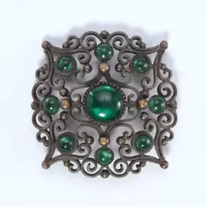 VINTAGE VERSILBERTE MESSING FILIGRAN & GRÜN GLAS CABOCHON BROSCHE, 2,75" - Bild 1 von 6