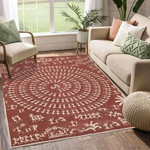 Alfombra de pelo bajo Warli Art impresa en bloque tejido a mano de algodón de 4x6 pies para sala de estar - Imagen 1 de 25