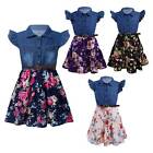 Girls Kids Fashion Dress Flower Pattern Denim Bodice A-line Dress Casual Clothes