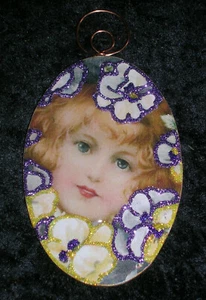 Girl Peeking through Pansies ~ Glitter Seasonal Ornament * Vintage Card Image - Picture 1 of 2