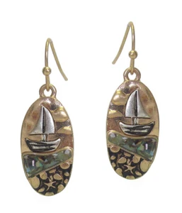 Nautical Theme Sailboat Abalone Oval Disc Drop Wave 2 Tone Dangle Wire Earrings - Picture 1 of 1