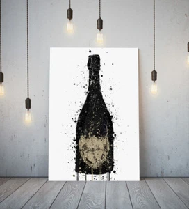 BOTTIGLIA CHAMPAGNE - IN TELA CON CORNICE PROFONDA STAMPA SU CARTA IMMAGINE ART STAMPATA - NERO - Foto 1 di 17