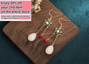 Jade Bohemian Drop Dangle Earrings Flower Dainty Gemstone Hook 18K Gold Plated - Picture 1 of 7