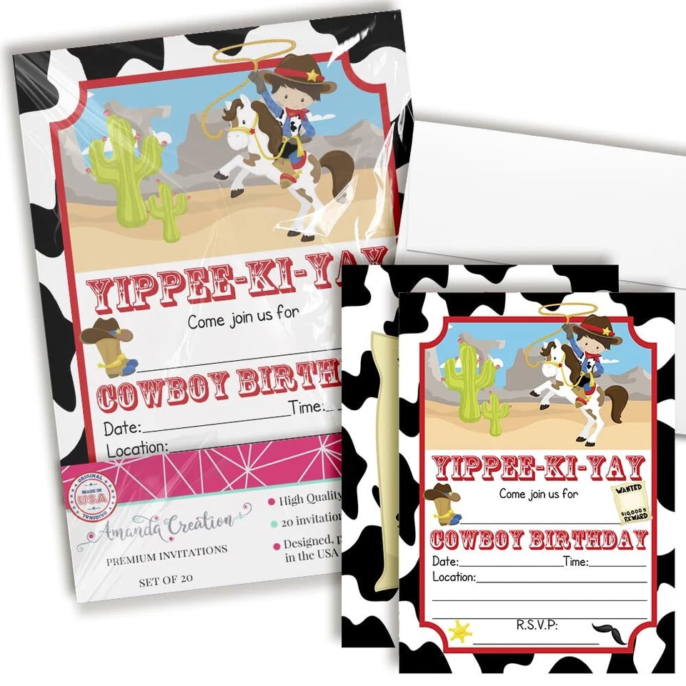 Invitaciones de fiesta de cumpleaños de vaquero para niños 20 tarjetas de relleno de 5x7 con veinte con... Foto 1 de 4