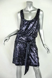 TORY BURCH Womens Navy Sequin Sleeveless Short Above-Knee Blouson Belted Dress M - Picture 1 of 12