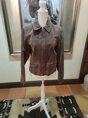 Chaqueta de cuero de gamuza marrón para mujer Brandon Thomas talla M Foto 1 de 4