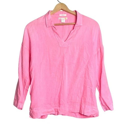 C&C California 100% Linen Hot Pink Split Neck Top Size Medium Resort Vacation - Image 1 of 4
