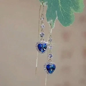 Sapphire Blue & Clear Crystal Heart Pendant Drop Earrings Threader Back Long New - Picture 1 of 5