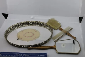 Vintage Ornate Mirrored Vanity Tray Brush Comb Hand Held Mirror - Picture 1 of 12