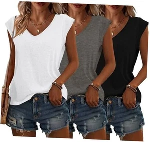 3 Pack Women's Cap Sleeve Tank Tops U Neck Spring Summer Tops Casual Tee - Picture 1 of 7