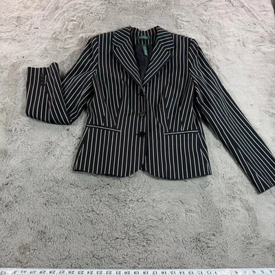 Lauren Ralph Lauren 女式黑色条纹西装外套 8 码丝绸混纺学术界 — 第 1/4 张图片