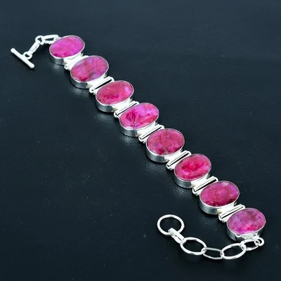 Red Kashmiri Ruby Oval Gemstone 925 Sterling Silver Jewelry Bracelet 8" VJ 1175 - Image 1 of 4