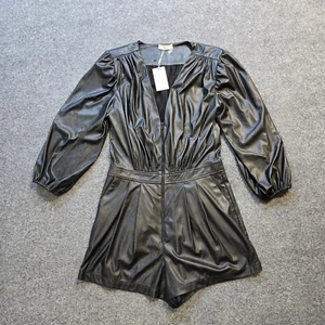 Ramy Brook Romper Womens 8 Black Faux Vegan Leather Ines Puff Sleeve Cocktail - Picture 1 of 14