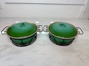 Vintage Globe Ware Atomic Grün Emaille Auflaufform Dutch Oven mit Träger 2er Set - Bild 1 von 16