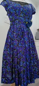 Vtg 50's Silk Chiffon Party Dress Full Crinoline Skirt Purple Blue Rockabilly Sm - Picture 1 of 12