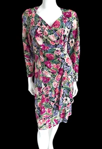VINTAGE Pat Argenti Petites 100 % Seide Blumen Wickelkleid Größe 10 rosa Langarm - Bild 1 von 10