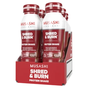MUSASHI Shred and & Burn 6 x 375mL Protein Shakes Chocolate Flavour P30g C4g F4g - Picture 1 of 2