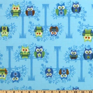 Owls Sitting Pretty Tree on Blue Cotton Fabric YARD - Picture 1 of 1