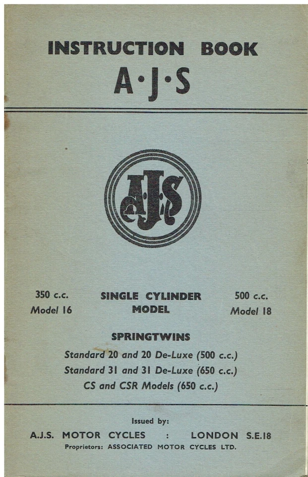AJS 350 500 650 MODEL 16 18 20 31 CS CSR 1959 INSTRUCTION & MAINTENANCE HANDBOOK - Image 1 of 1