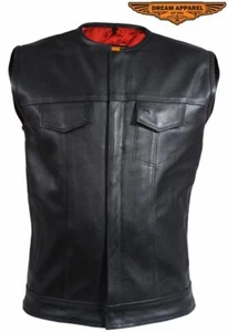 Men's Motorcycle Leather Vest Collarless Hidden Snaps with Red Lining & Pockets - Picture 1 of 7