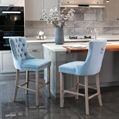 2 Set Velvet Barstools Kitchen Counter Pub Bar Stools Chairs Button Tufted Blue - Image 1 of 4
