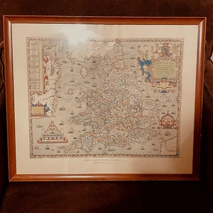 SAXTON'S MAP OF ENGLAND AND WALES 1579 BRITISH MUSEUM FRAMED MAP PRINTED IN 1969 - Picture 1 of 4