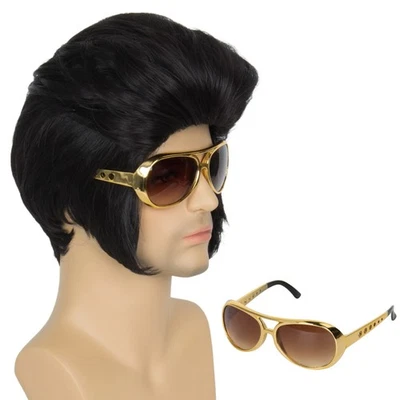 Koonfan Hombres Hombre Años 50 60 Estilo Rocker Peluca Hombre Corto Negro Disfraz Peluca con... Foto 1 de 4