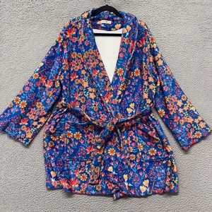 Bata Natural Life Mujer M Azul Floral Felpa Corta Cinturón Acogedor Hippie Salón - Imagen 1 de 10