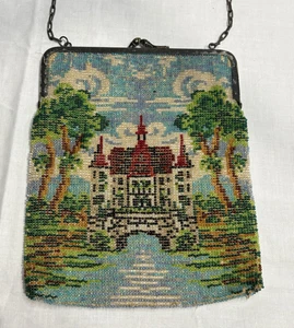 Antique Micro Beaded Purse Castle Scene – 1920s Art Deco Flapper Bag with Chain - Picture 1 of 16