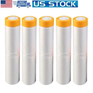 5-Roll 9 x 66 Ft Plastic Pretaped Masking Film Automotive Paper Protection Cover - Picture 1 of 11