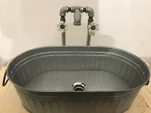 Galvanized Metal Oval Rustic SINK, DRAIN & FAUCET (Industrial Farm House) - Picture 1 of 5