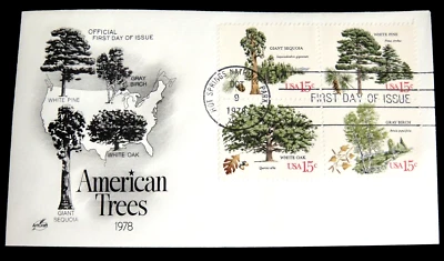 American Trees FDC First Day Issue Cachets Block of 4 15¢ Stamps 1978 Artcraft - Image 1 of 2