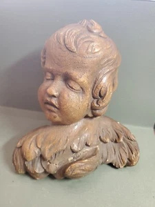 Antique Vintage Cherub Angel Wall Hanging 6" Belgium Ceracast Wood Carved Look - Picture 1 of 4